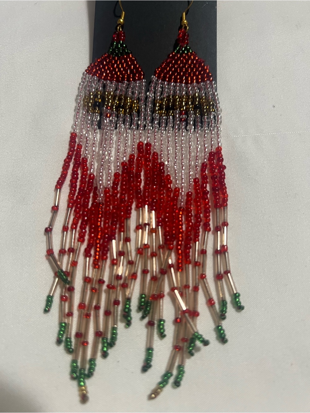 Red Beaded Fringe Earrings with Green Accents - Women Jewelry